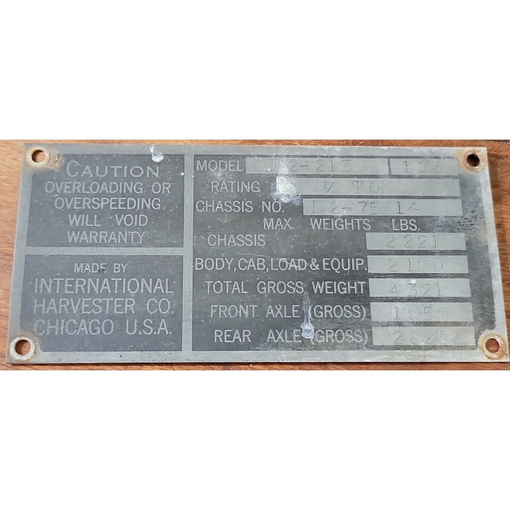 1939 International Harvester D2 1/2 ton truck Data Plate Tag